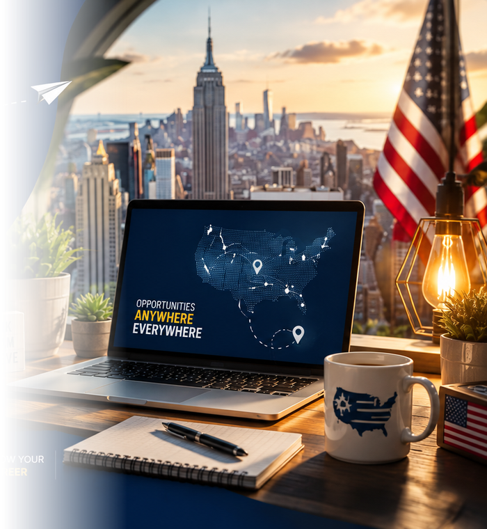 Remote worker at a laptop with the New York City skyline and an American flag, representing work-from-home jobs in the USA