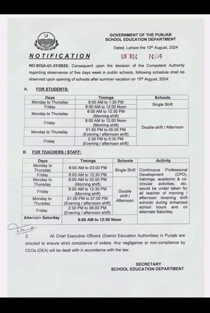 Punjab School Timing Notification