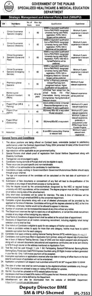 GOVERNMENT OF THE PUNJAB SPECIALIZED HEALTHCARE & MEDICAL EDUCATION DEPARTMENT Strategic Management and Internal Policy Unit (SM&IPU)