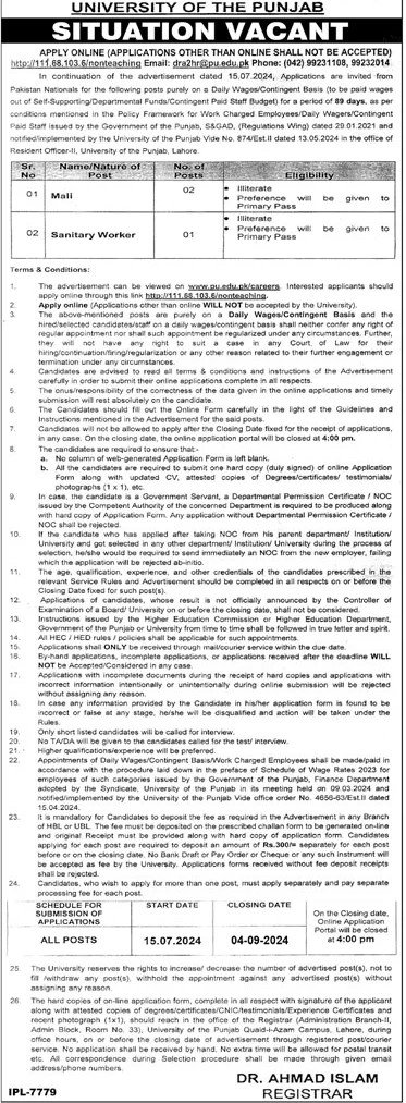 Jobs in the University of Punjab