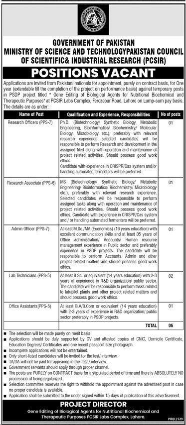 MINISTRY OF SCIENCE AND TECHNOLOGY PAKISTAN COUNCIL OF SCIENTIFIC& INDUSTRIAL RESEARCH (PCSIR)