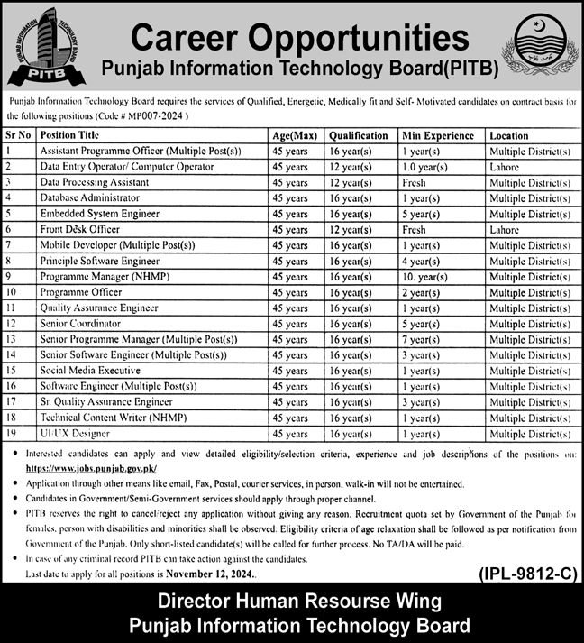 Jobs in Punjab Information TYechnology (PITB)