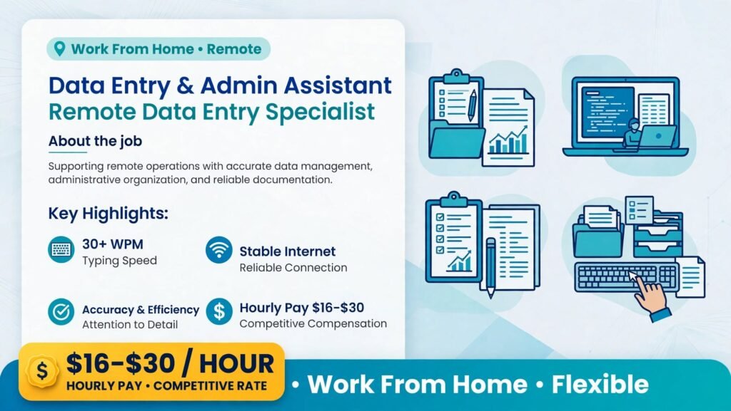 Data Entry & Admin Assistant Remote Jobs USA ($16 to $30/hr)