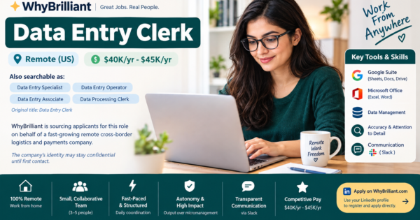 Data Entry Clerk – Remote Jobs USA | WFH Jobs ($40K–$45K)